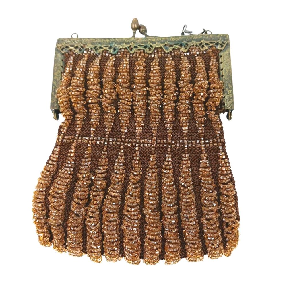 Antique Victorian Hand Beaded Purse Clutch Hand Bag Seed Bead Ornate Copper